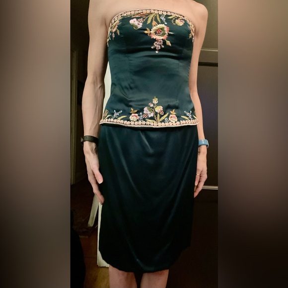 Sue Wong 100% 4 Silk Emerald Teal Strapless Embroidered Peplum Evening Dress - Picture 2 of 12